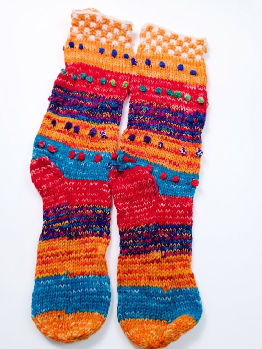 Hand-knitted socks, multicolored yarn, Andean style
